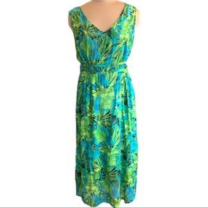 Vintage Dress Kelly Green Tropical Palm Print Empire Waist Midi Plus Size 2X